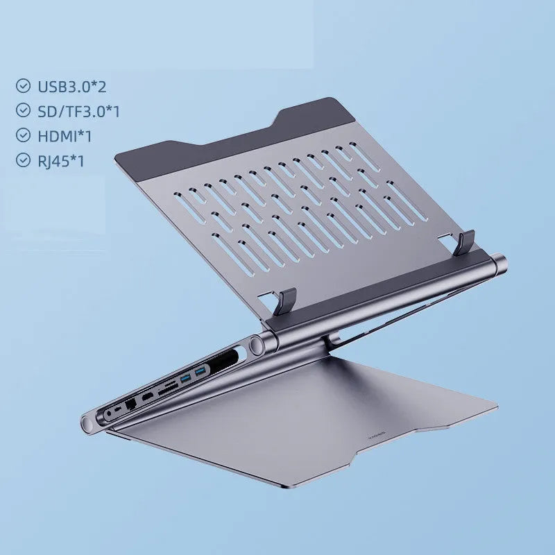 NBS01 aluminium alloy laptop stand with 8-in-1 docking station in deep space grey