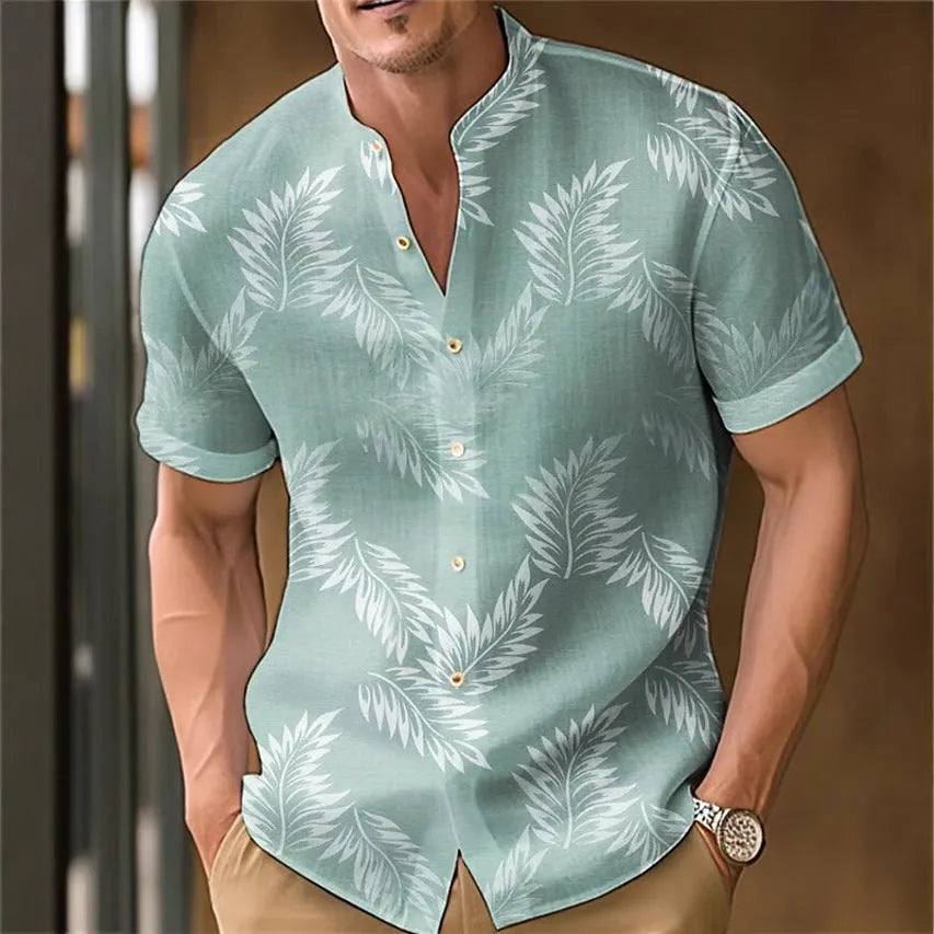 Men's casual printed shirt in polyester fabric on a hanger, showing one of eight available colour codes.
