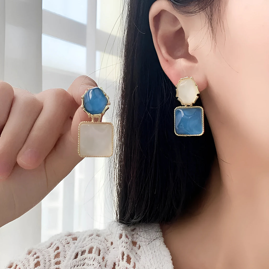 Alloy geometric square earrings with water ripple contrast finish in sapphire blue