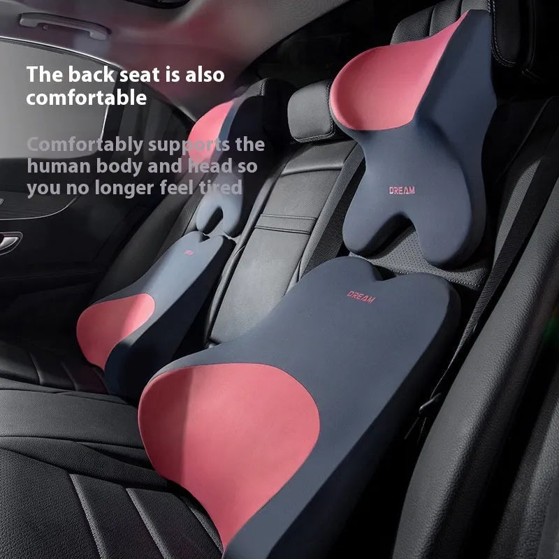 Memory foam car headrest and lumbar support set in grey on a car seat