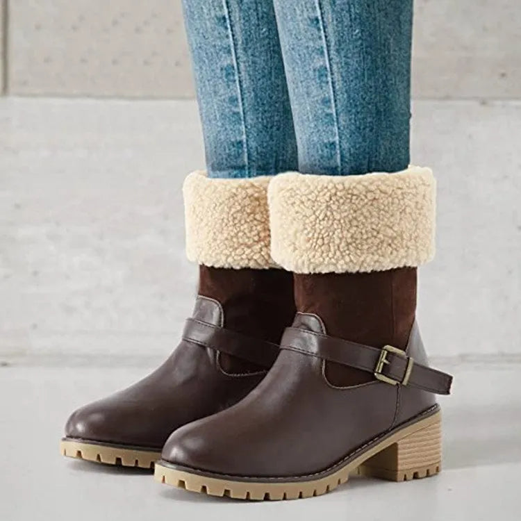 Women's fashion boots with buckle chunky heel round toe faux fur lined Western style in black coffee and light brown