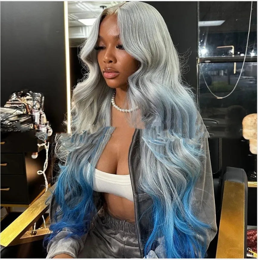 Gradient blue and grey human hair lace front wig in Ruili style on a mannequin head