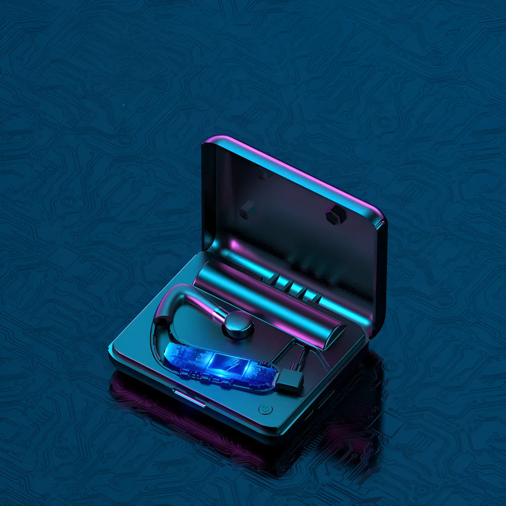 Black Bluetooth hanging-ear earphones for sports, shown with charging case and spare ear caps.