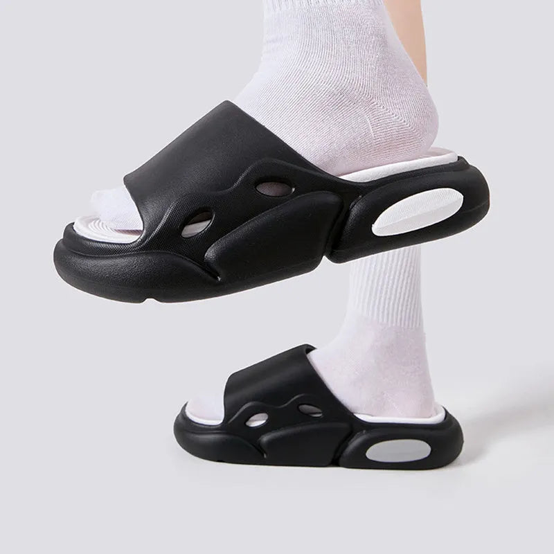 Women's two-colour slippers with thick EVA soles and leather lining in pink purple, white green, and black white.