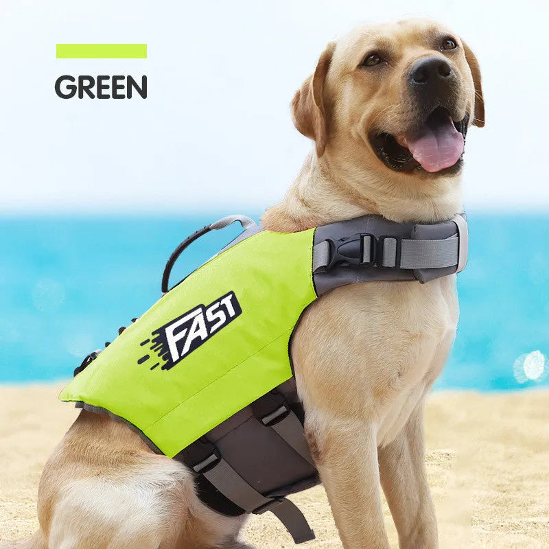 Reflective printed dog life jacket in orange on a green background for medium and large dogs
