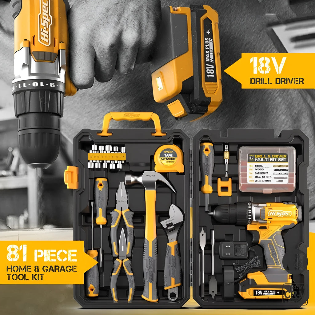 Grey yellow coloured hardware tool kit with 82 chrome vanadium steel pieces for furniture installation