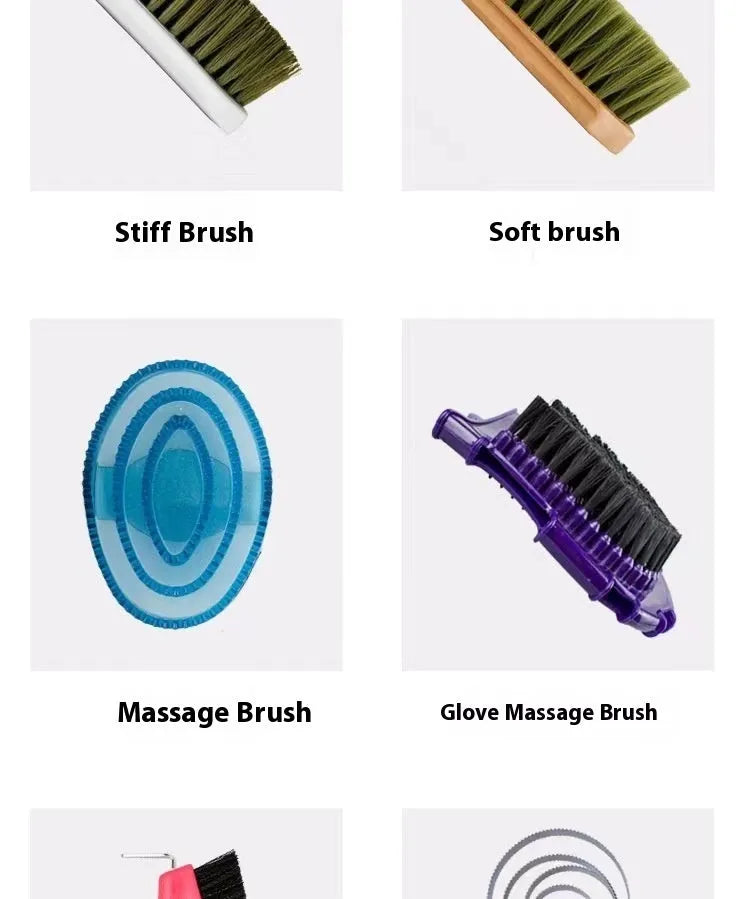 Complete horse grooming brush set with ten tools including brushes, combs, scraper and storage bag