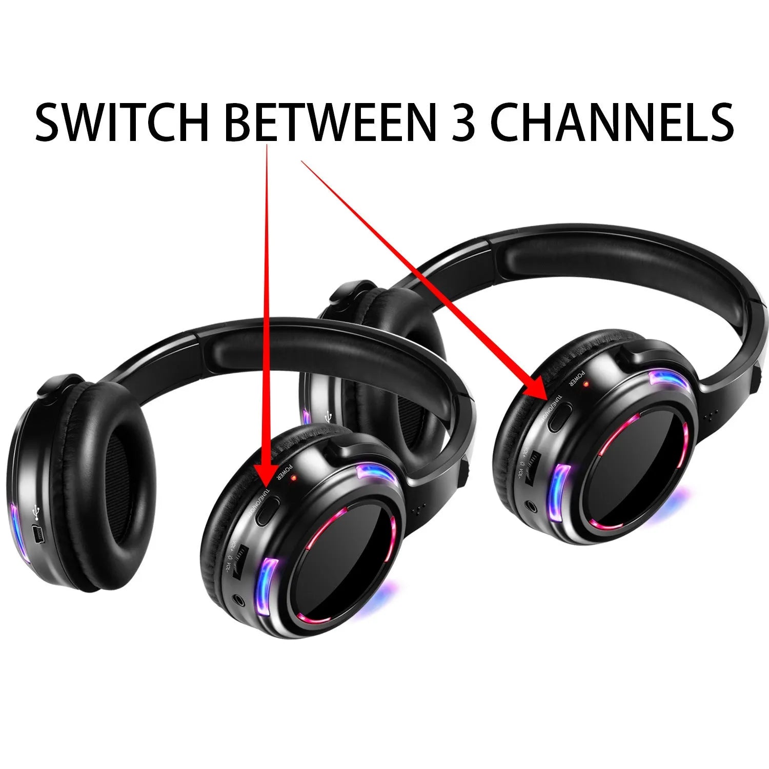 Black over-ear silent disco wireless headphones with a 3-metre cable and 3.5mm plug for party events.