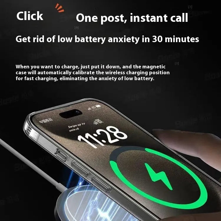 Transparent magnetic phone case for iPhone 15 and 16 with four-corner drop-resistant silicone and frosted finish.