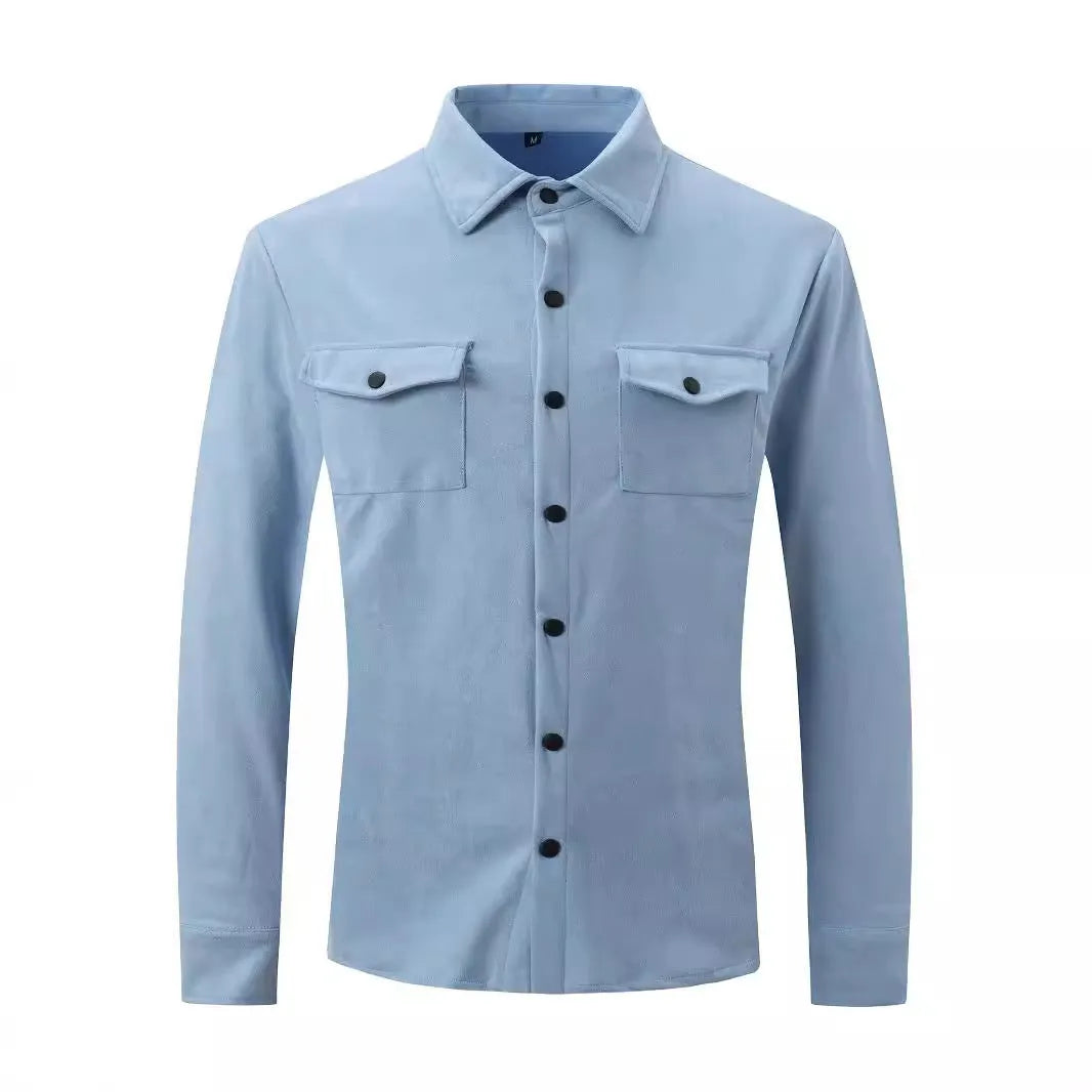 Men's turn-down collar casual jacket in solid colour with thickened suede fleece fabric, 3D patch pockets, and loose fit, available in grey, burgundy, black, and other colours.