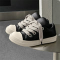 Black men's slip-on casual leather shoes with front lace-up and rubber soles