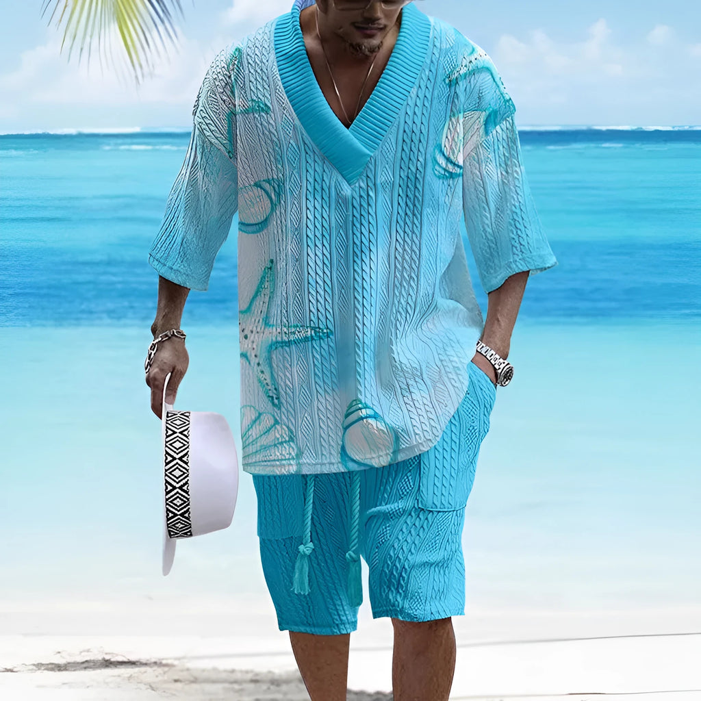 Men's loose casual short sleeve suit set with matching shorts in polyester fabric