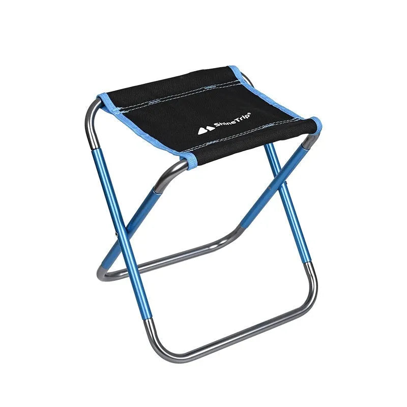 Black aluminium alloy folding stool in a portable design for outdoor camping and fishing.