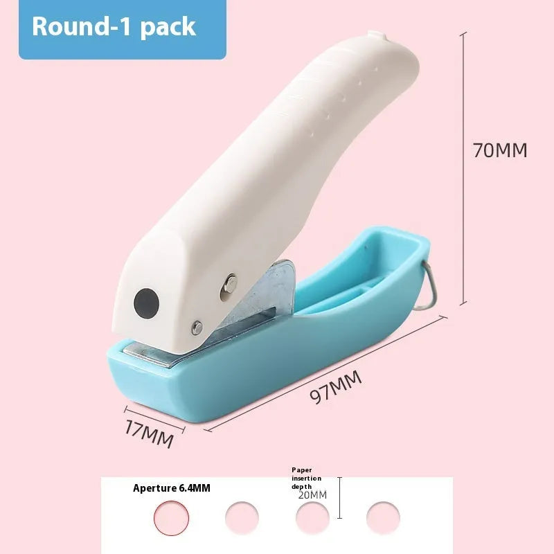 Small manual handheld punching machine with embossed patterns showing Love, Round 4mm, Round 6mm, and Star punch shapes.