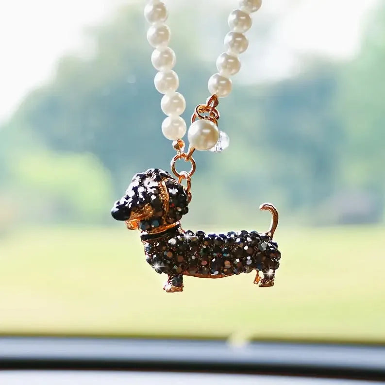 Diamond-embedded dachshund puppy hanging car rearview mirror pendant in alloy with light luxury finish