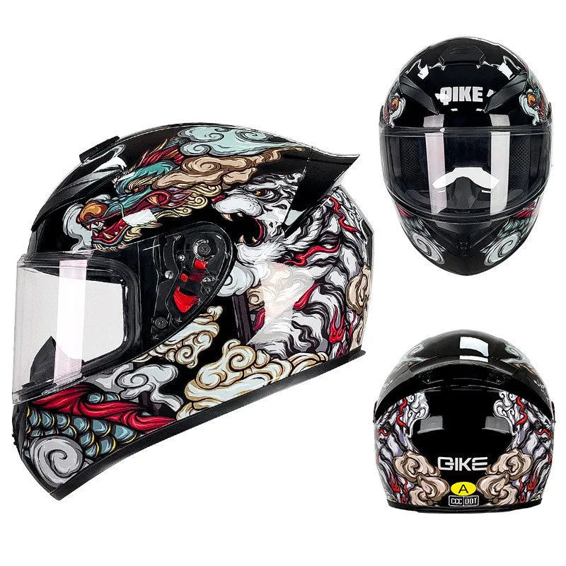 Dragon colour ABS plastic motorcycle helmet for men and women, shown in a large size range.