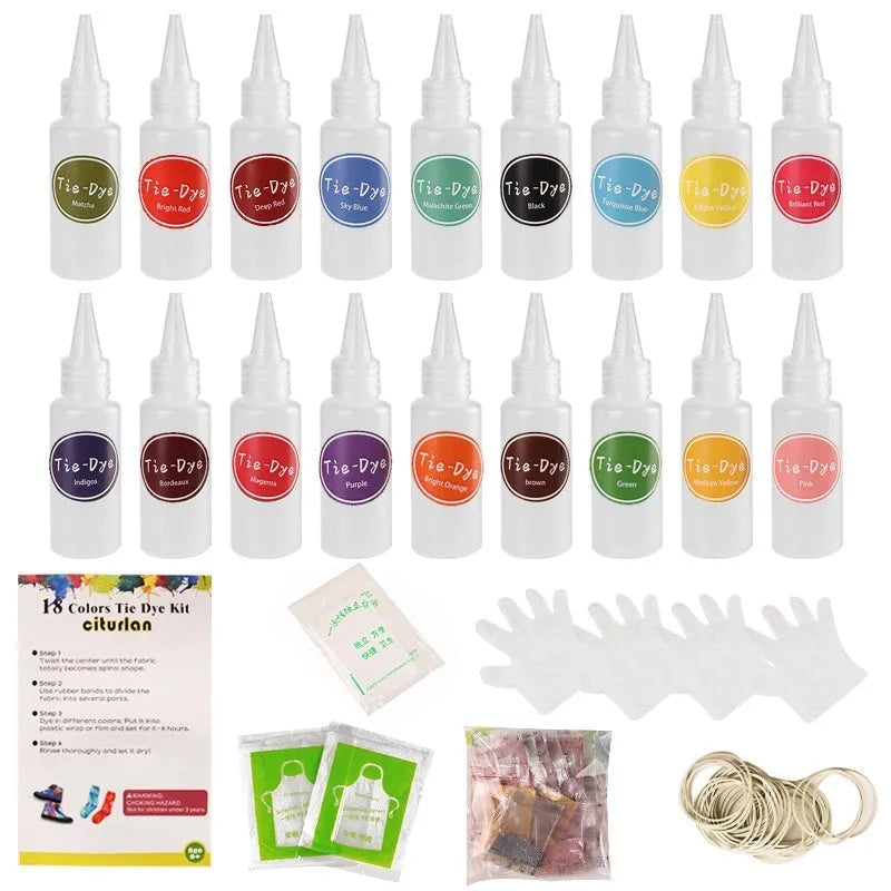 Children's 18 colour dye storage box set with 30ml bottles and accessories including rubber bands, aprons, and tablecloth
