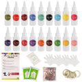 Children's 18 colour dye storage box set with 30ml bottles and accessories including rubber bands, aprons, and tablecloth