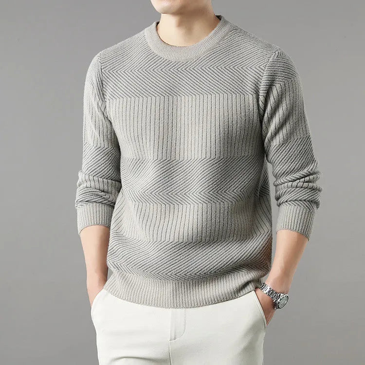 Men's thick long sleeve round neck chenille sweater in beige, shown on a model for autumn casual wear.
