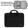 Black Oxford cloth laptop bag with soft carry handle showing laptop compartment and business travel use