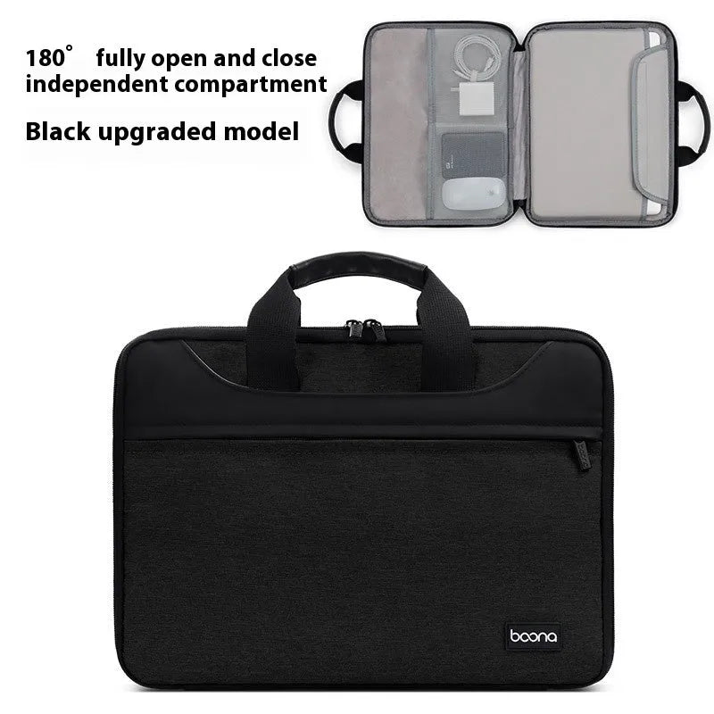 Black Oxford cloth laptop bag with soft carry handle showing laptop compartment and business travel use