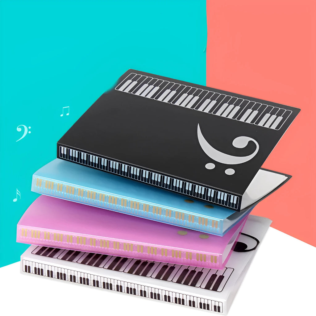 Piano music folder with transparent insert pages, available in black, blue, white, and pink colours.