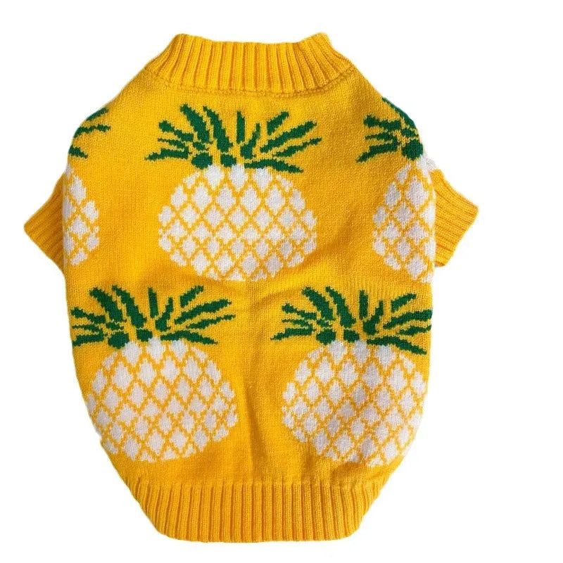 Yellow wool pet coat with pineapple print for autumn and winter, available in sizes S to XXL
