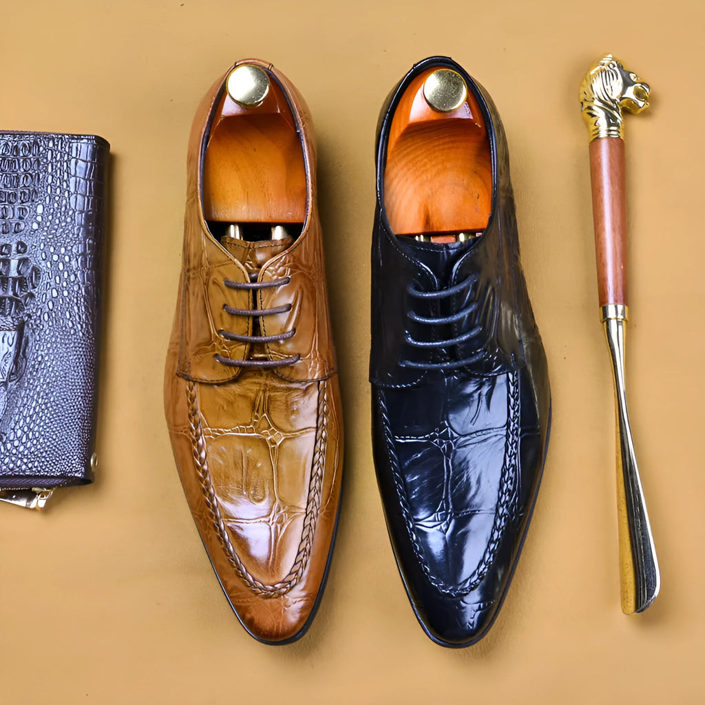 Men's brown leather shoes with horse bit buckle detail and rubber sole