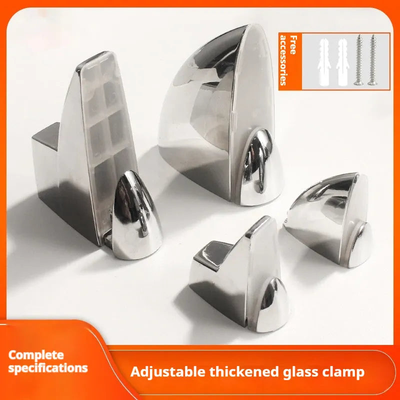 Electroplated adjustable glass partition holder in Olecranon and Fish Mouth styles with multiple size options.
