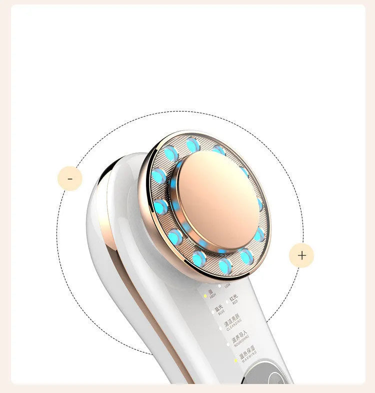 7 in 1 facial massager in platinum or silver with red blue light and EMS micro current, 45 x 55 x 151 mm