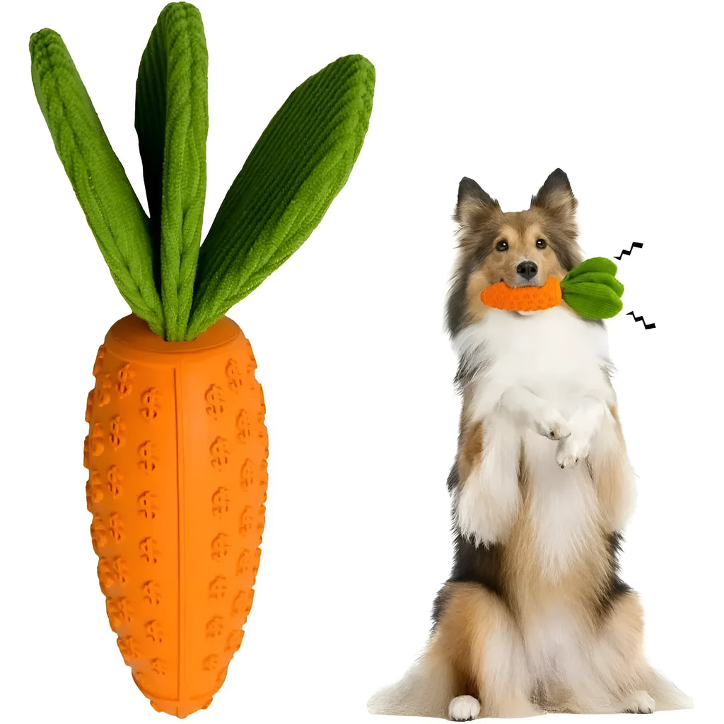 Orange carrot-shaped rubber and plush dog chew toy with squeaker, 21x5x5cm, on a solid background.