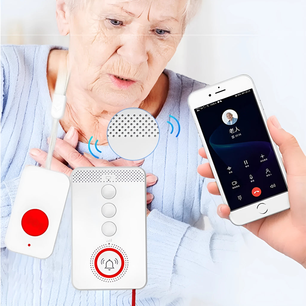 White elderly emergency alert device showing one central buzzer unit and three separate wireless panic buttons.