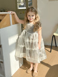 Light green girls summer sleeveless bandage dress two-piece set with yarn fabric