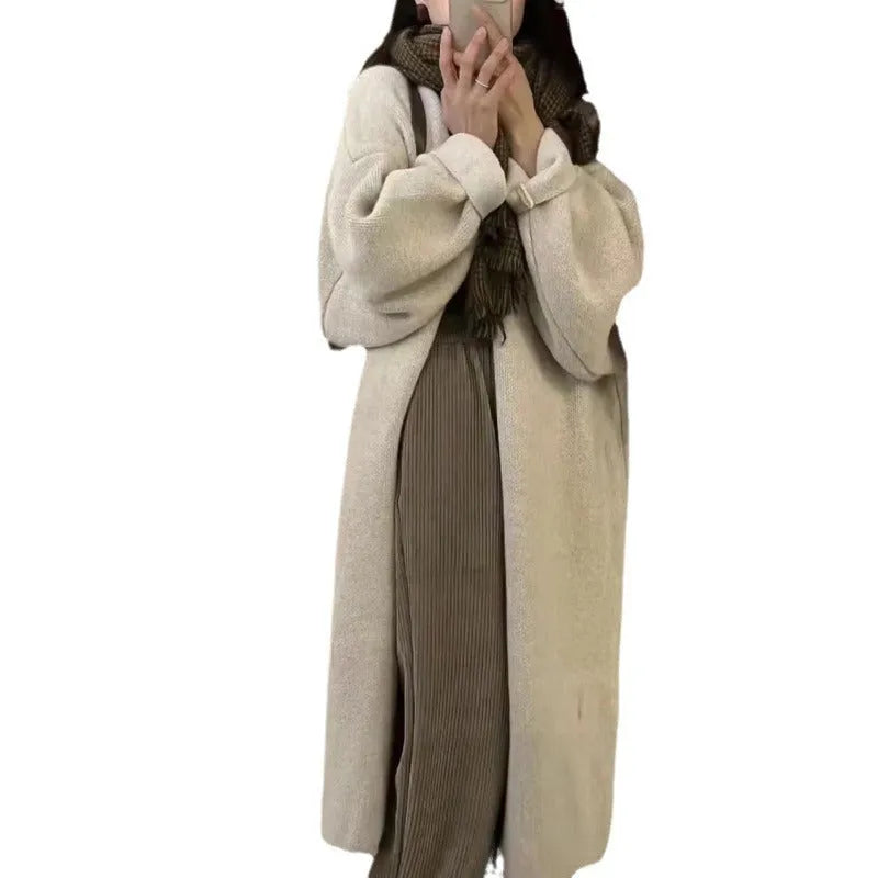 Women's loose knitted cardigan coat with long sleeves and splicing, free size, in black, apricot, pink, brown or camel
