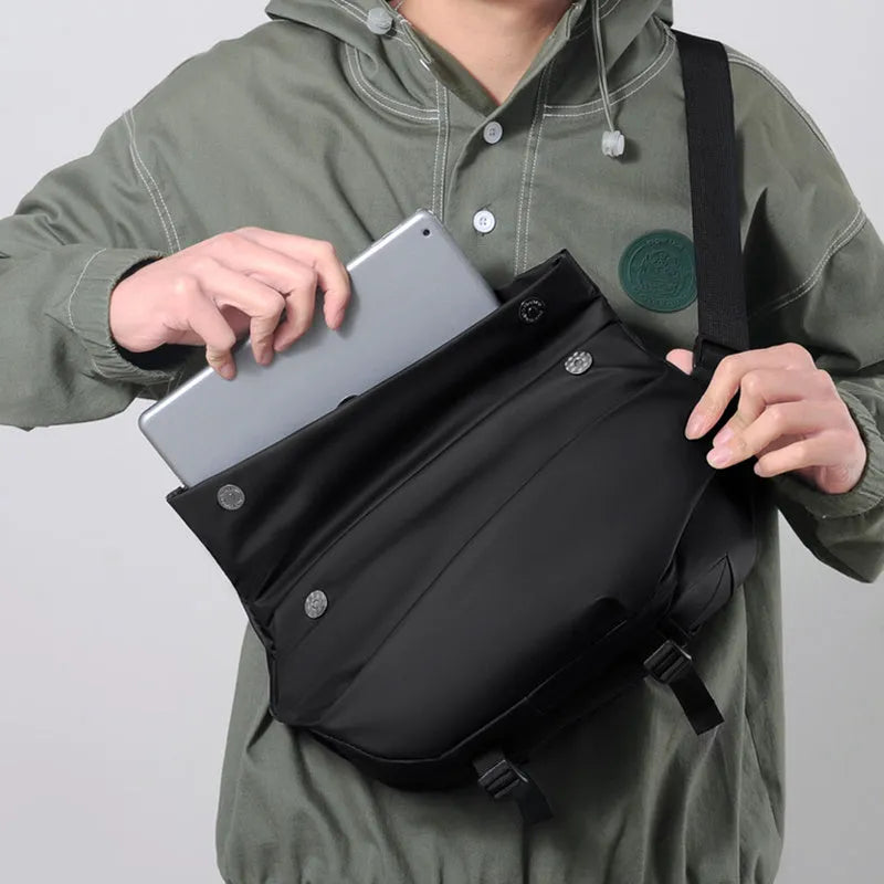 Grey and black PU leather crossbody bag for men with motorcycle sling design and internal organisers