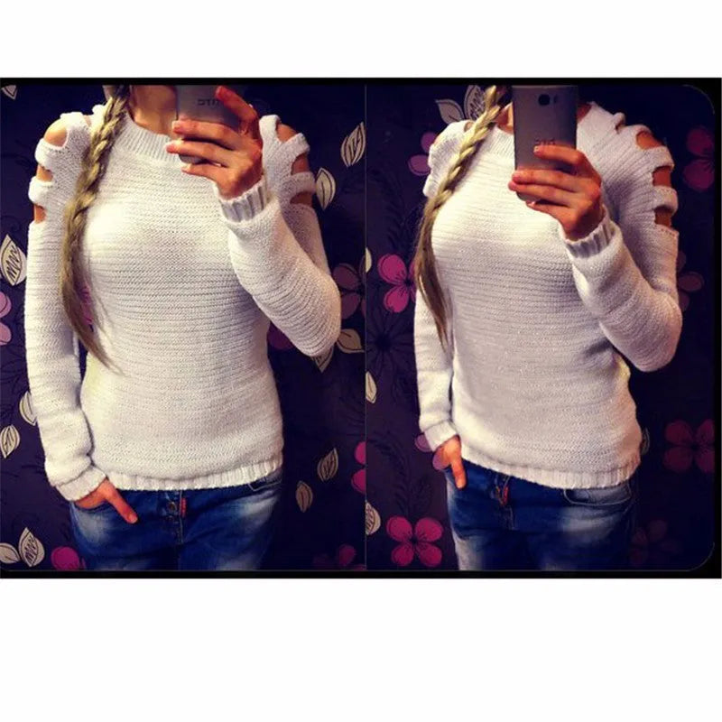 Women's grey knitted pullover shirt with hollow-out crochet pattern on the sleeves and body.