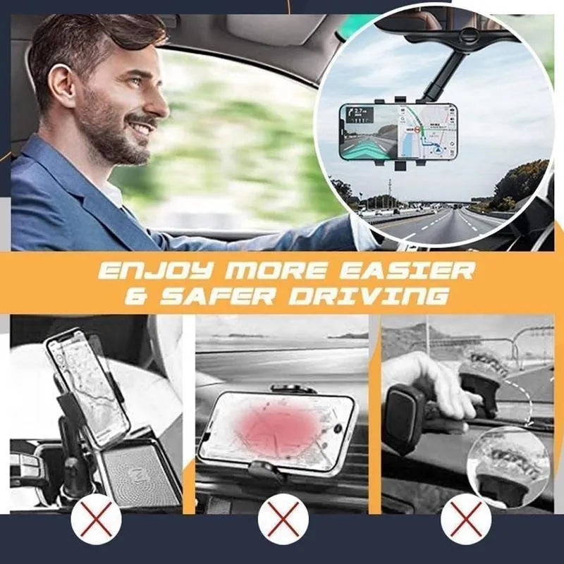 Classic black rearview mirror phone holder mounted on a car mirror, showing its adjustable arm and four-claw phone grip.