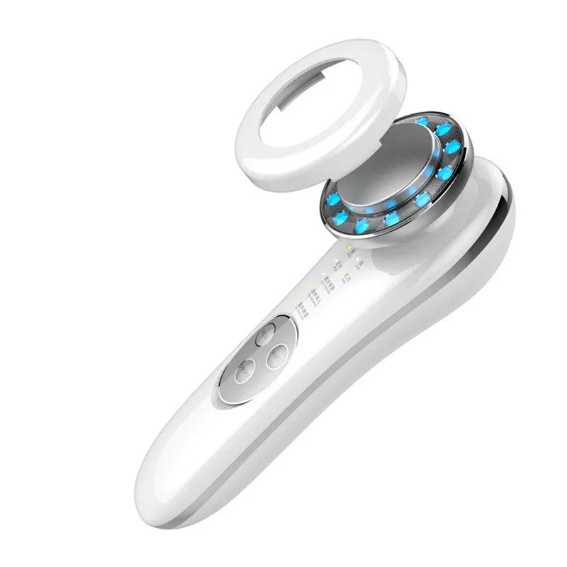 7 in 1 facial massager in platinum or silver with red blue light and EMS micro current, 45 x 55 x 151 mm