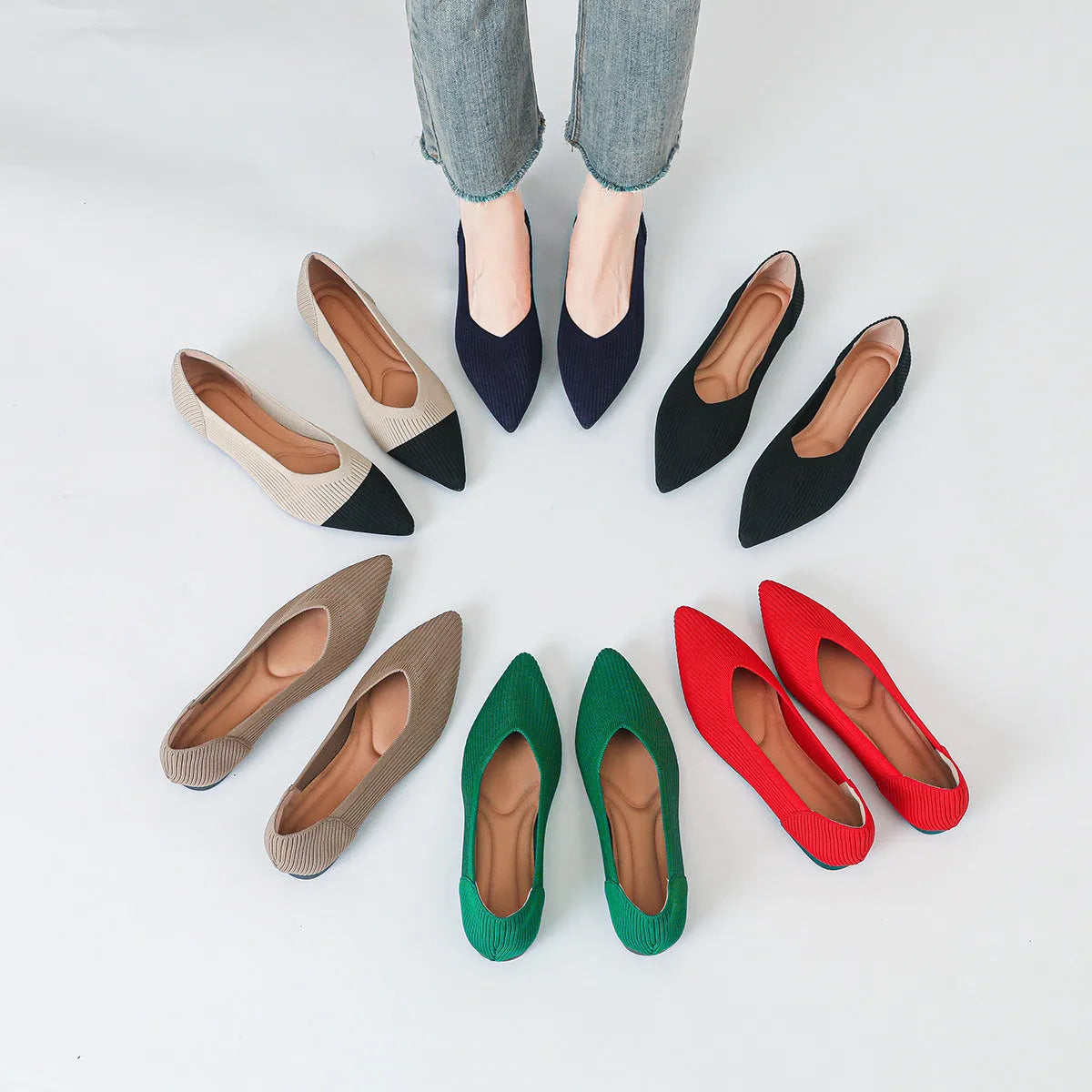 Women's apricot knit flat pumps with pointed toe and oversleeves design on a rubber sole.