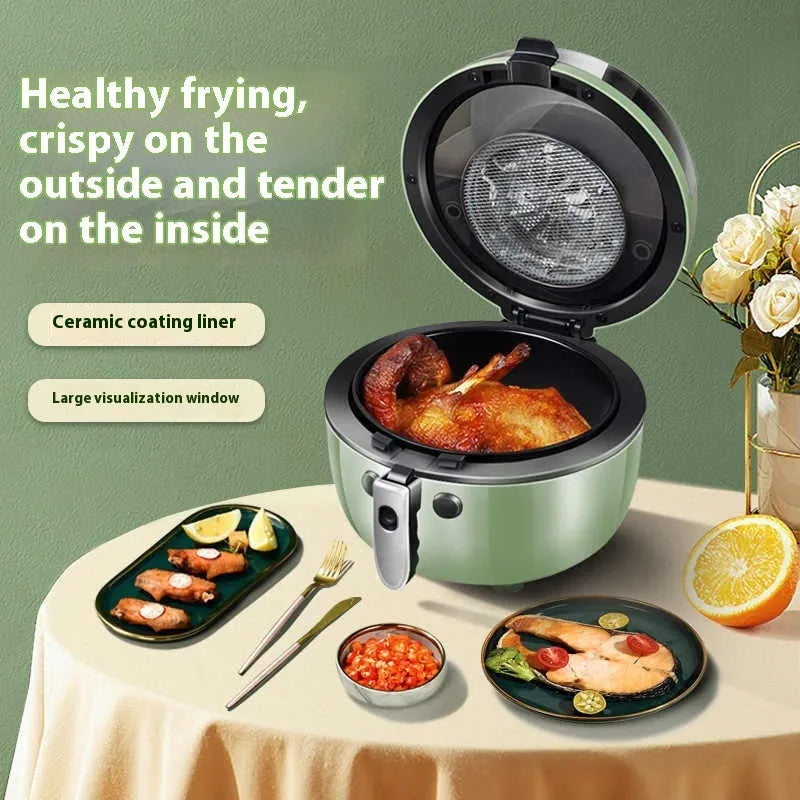 8-litre mechanical button air fryer oven with transparent lid on a kitchen countertop.