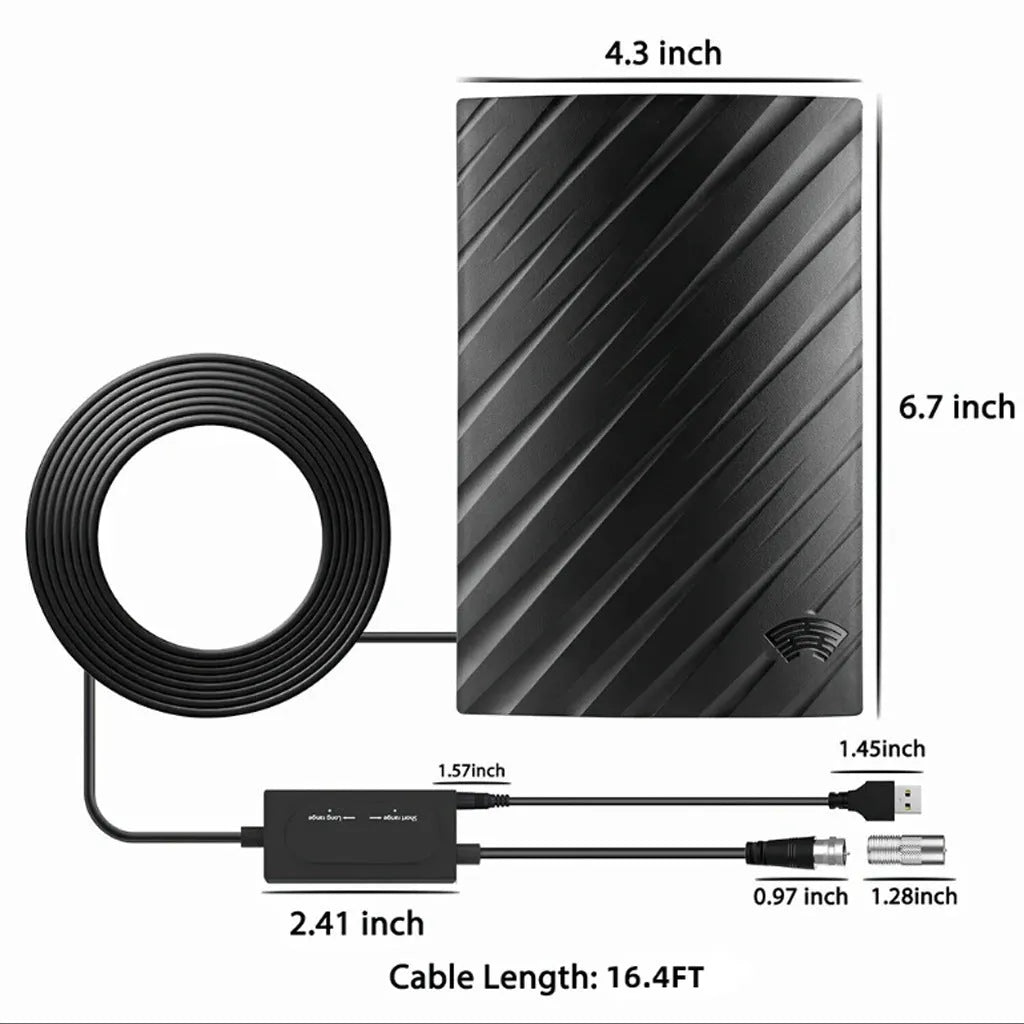 Black plastic digital HD television antenna with mounting screws, tubes, cable ties, and adhesive tape.
