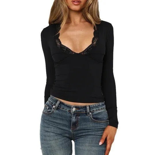 Slim-fit women's long sleeve top with lace floral detailing in black or wine red colours