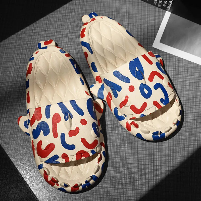 Casual open toe shark design EVA home slippers in beige colour on a white background.