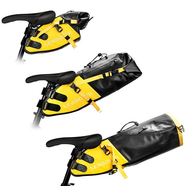 Yellow waterproof PVC bicycle tail bag mounted behind bike saddle, showing 13-litre capacity and quick-release bracket.