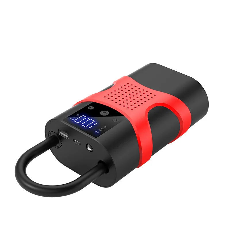 Portable emergency start power source with air pump, digital display, lithium battery, and circuit board protection.