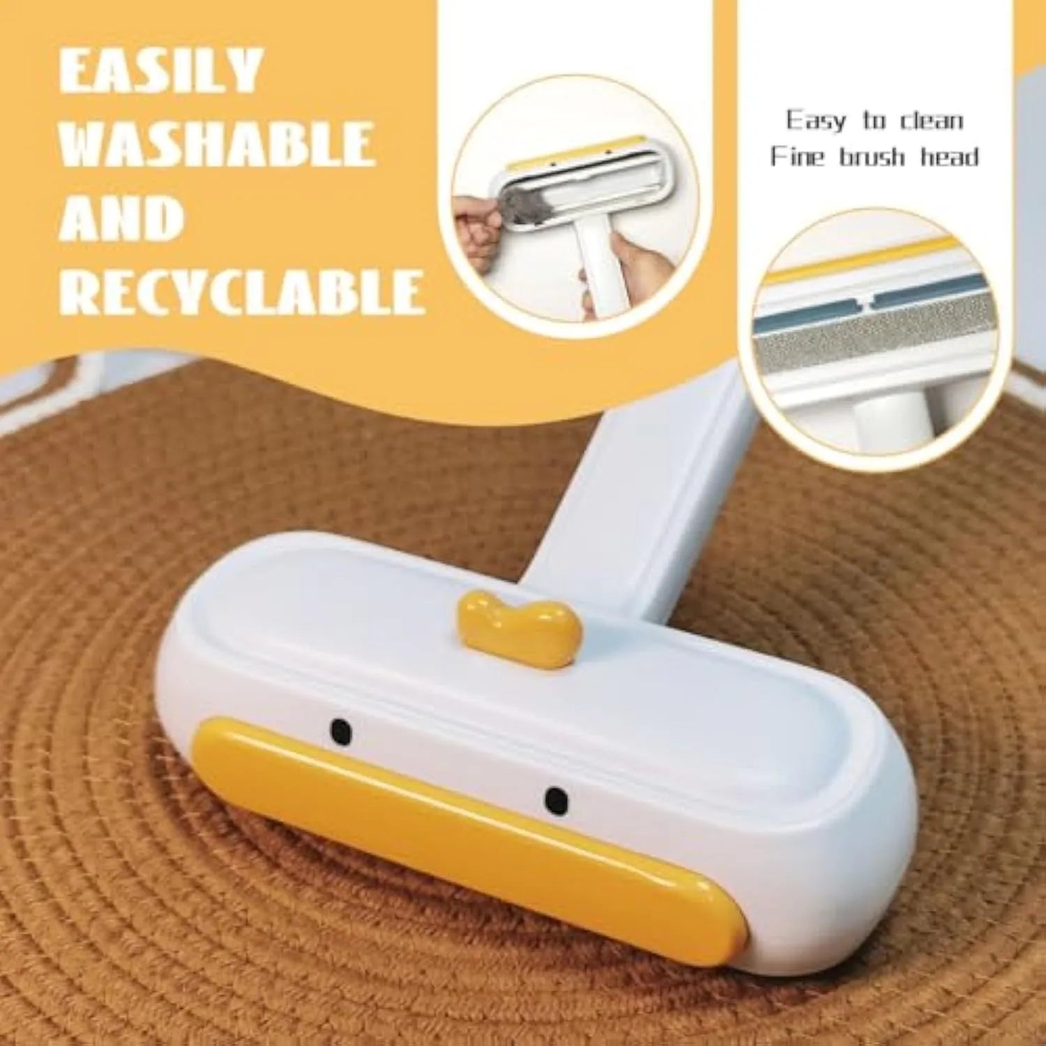 White portable pet hair remover brush with yellow duck cartoon design and polyester bristles.