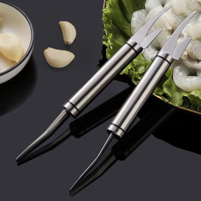 Multifunctional 304 stainless steel shrimp remover knife with eagle-beak tip and double row blades for peeling shrimp, splitting fish and scaling