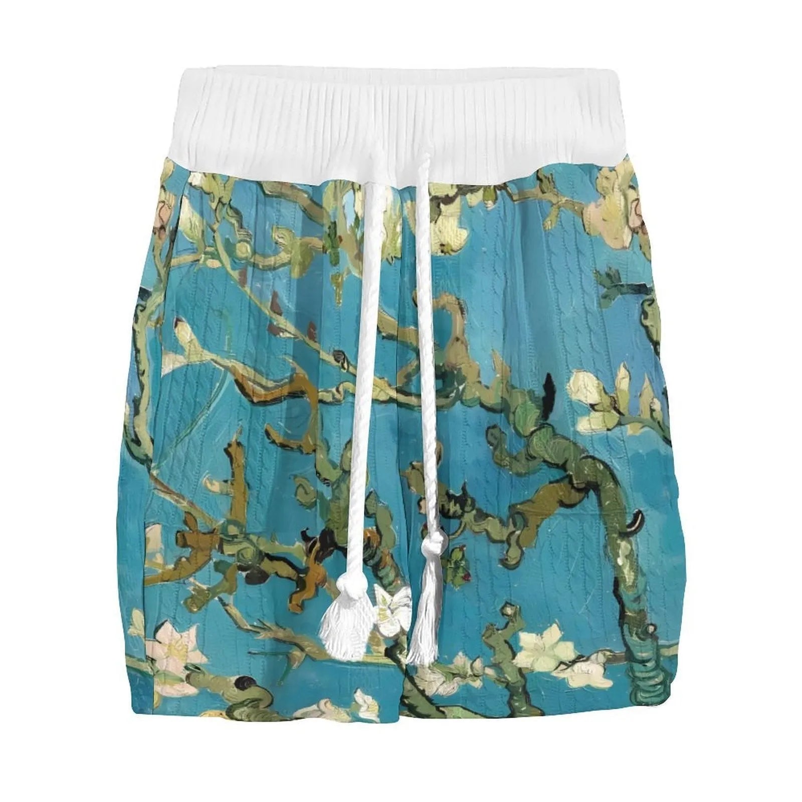Men's peacock blue 3D printed casual suit with knitted shorts and T-shirt.