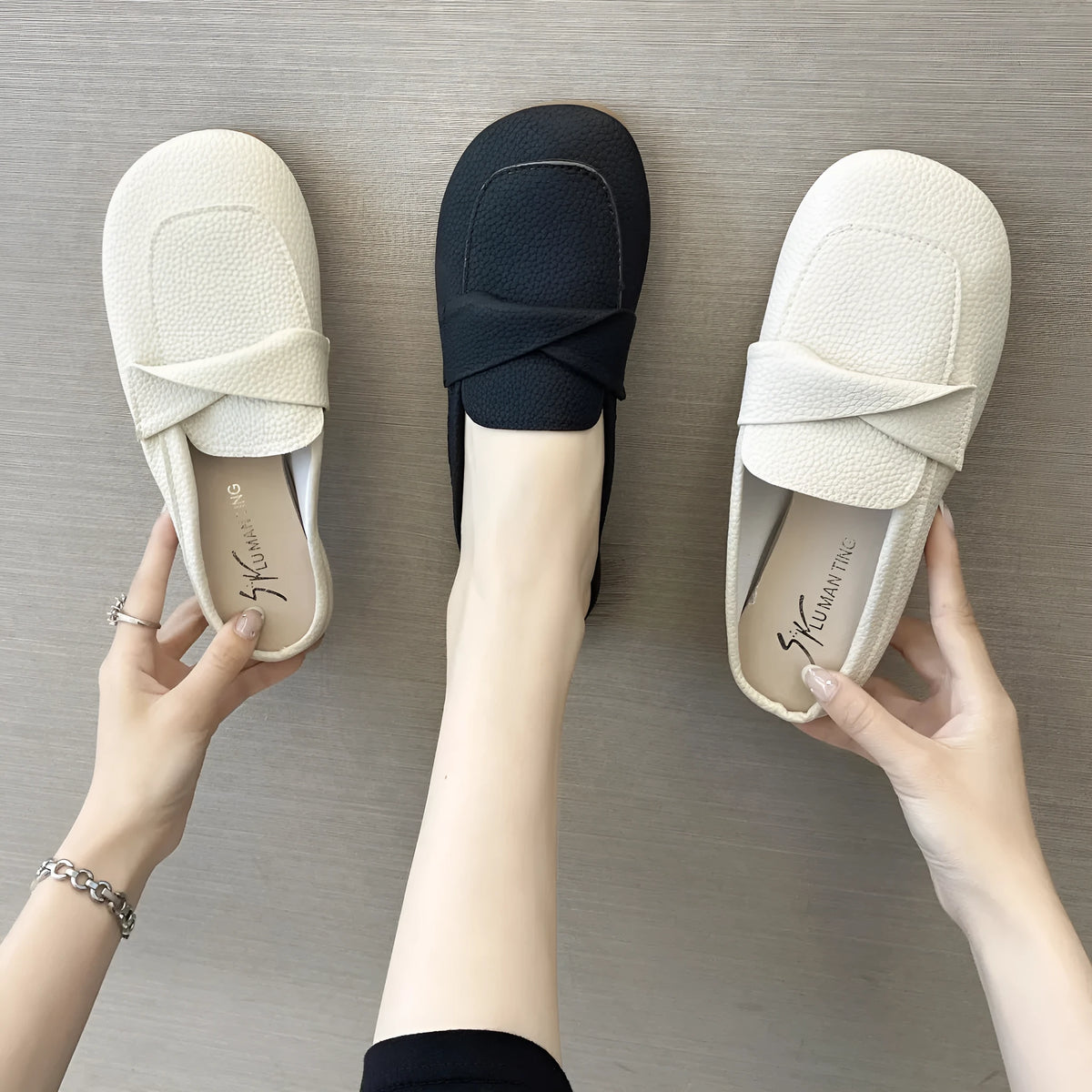 Women's closed toe half slipper loafers in beige, black, or brown with PU upper and rubber sole, sizes 35-40