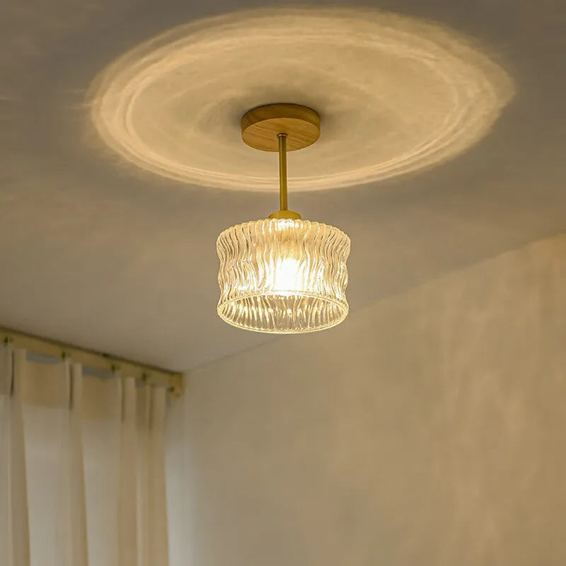 Japanese style walnut wood and brass ceiling lamp with tricolor light for entrance hallway
